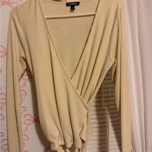 Express Beige Ribbed V-Neck Blouse